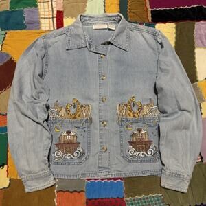 Christopher and Banks Animal Embroidered Long Sleeve Denim Button Up Medium